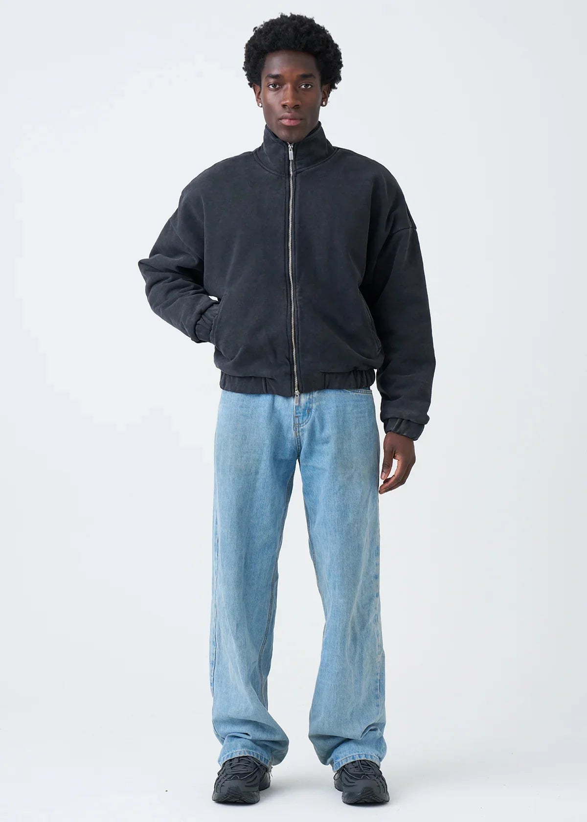 600 GSM Black Mock Neck Oversized Drop Shoulder Garment Dyed Jacket