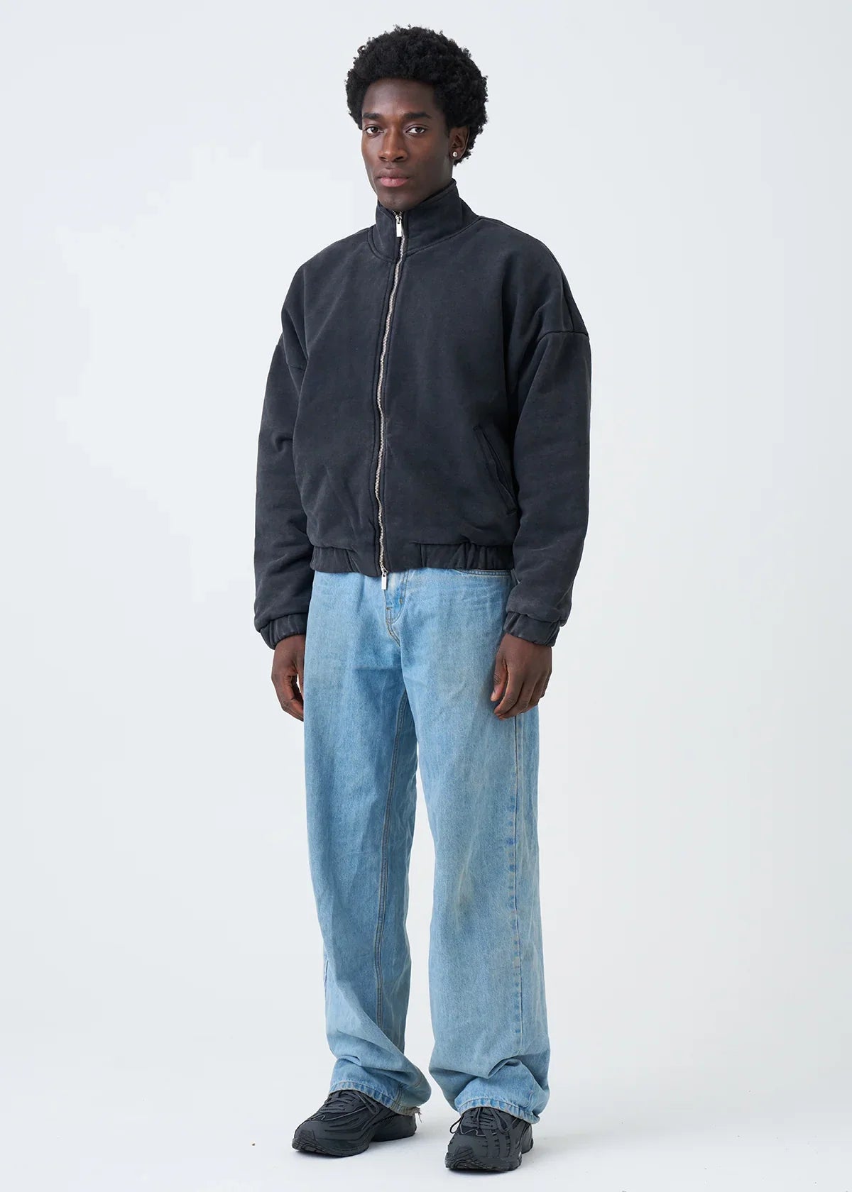 600 GSM Black Mock Neck Oversized Drop Shoulder Garment Dyed Jacket
