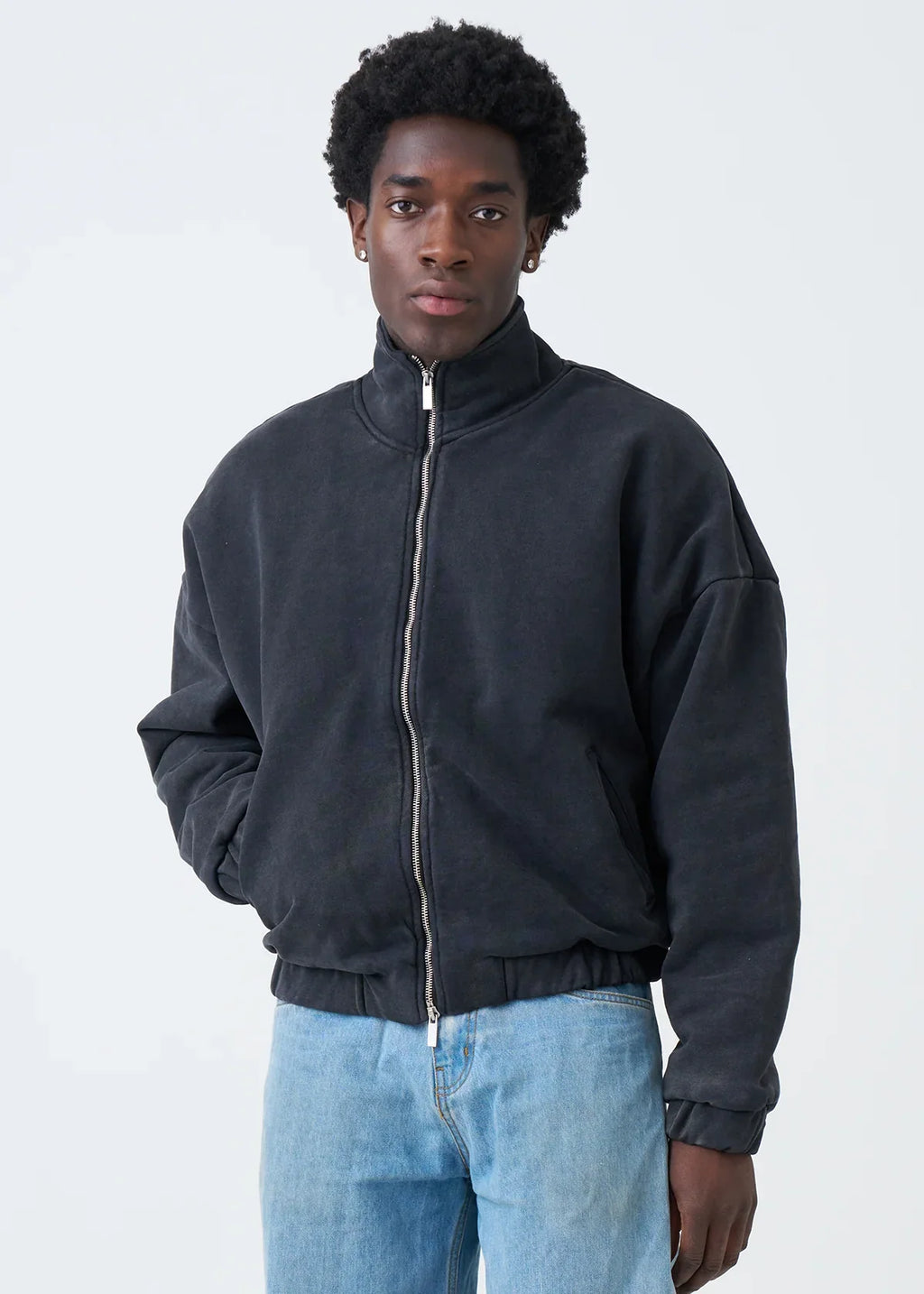 600 GSM Black Mock Neck Oversized Drop Shoulder Garment Dyed Jacket