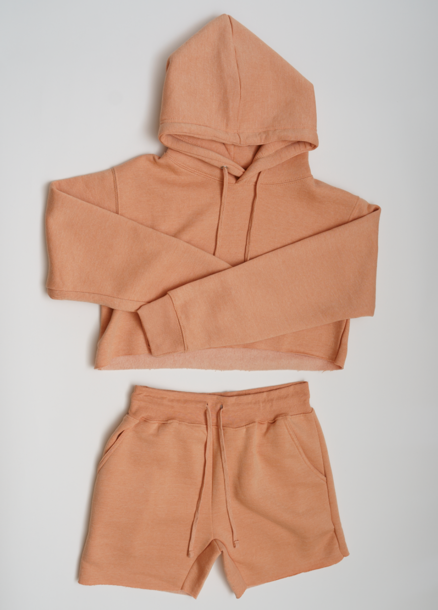 Peach Crop Top Fleece Short Set